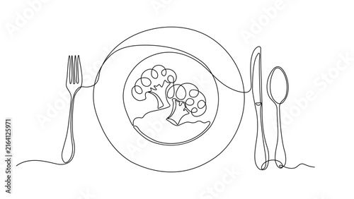 Continuous line drawing of a plate with broccoli flanked by fork, knife, and spoon, minimalist table setting and dining illustration
