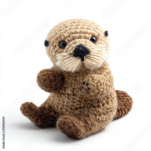 Cute Knitted Toy Sea Otter Sitting Against A White Background Studio Shot