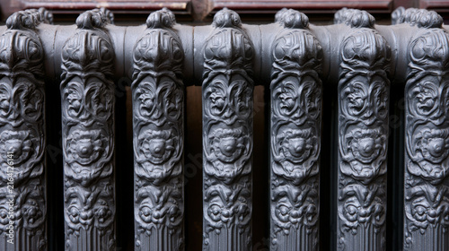 The radiator shows intricate designs and patterns. It is made of metal and features floral motifs. The setting is an indoor space of an old structure