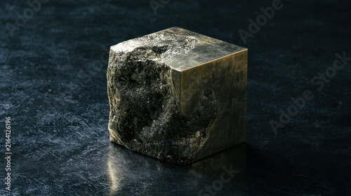 A metal block rests on a dark surface. The block has a rough texture on one side and smooth shiny areas. It is located in a workshop during daytime