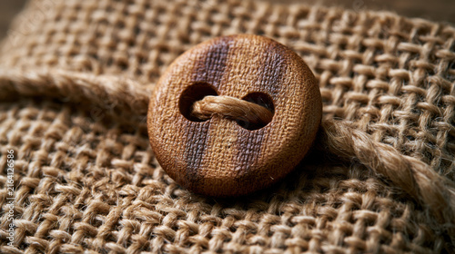 A wooden button is placed on a piece of burlap fabric. The button has two holes and is tied with a string. The setting shows a simple craftsmanship scene