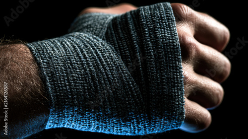 A hand covered with gray fabric is in focus, ready for boxing practice at a gym. The background is dark, highlighting the hand and the fabric's texture