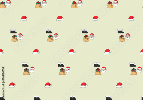 Seamless Christmas pattern with cute Santa Claus faces, holiday gifts and winter icons on cream background vector.