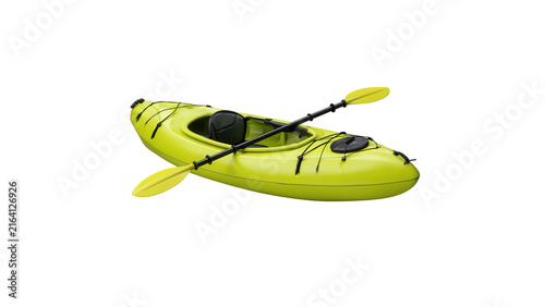 Bright lime green recreational kayak with paddle isolated on clean white background professional studio equipment with positioned across cockpit displays vibrant lime