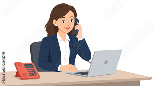 Illustrations professional businesswoman talking on the phone while working on a laptop at her desk