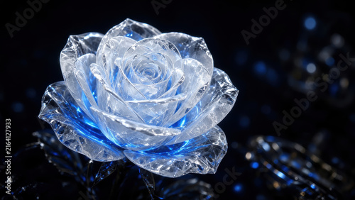 Crystal rose desktop wallpaper blue glow glass flower decorative luminous petals elegant macro art