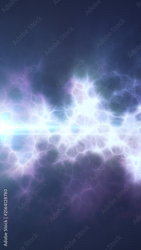 Fototapeta premium Abstract blue and purple energy background with bright horizontal light flare, glowing plasma particles, and ethereal electric texture.