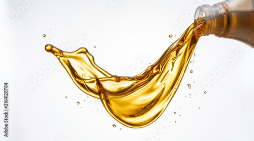Golden Motor Oil Pouring and Splashing from Bottle on White Background 3