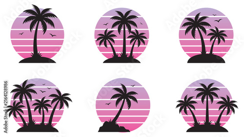 Illustrations set of tropical sunset palm tree silhouettes in circular frames, retro synthwave style vector illustrations