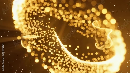 Golden abstract shapes and particles flow dynamically through a dark background, creating a mesmerizing visual effect with shimmering light and depth perception