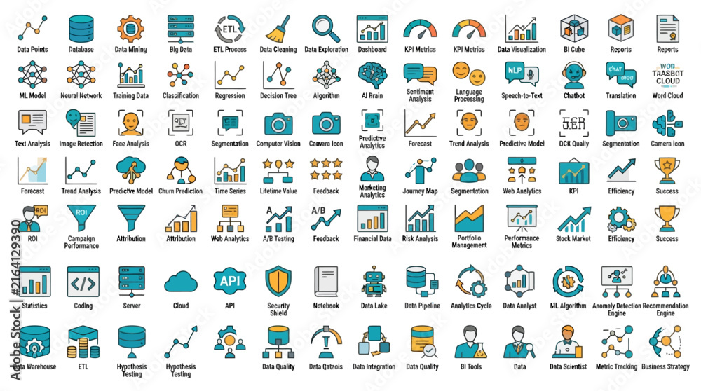 Naklejka premium A Comprehensive Collection of Data Science and Machine Learning Icons for Business Analytics and Technology Projects