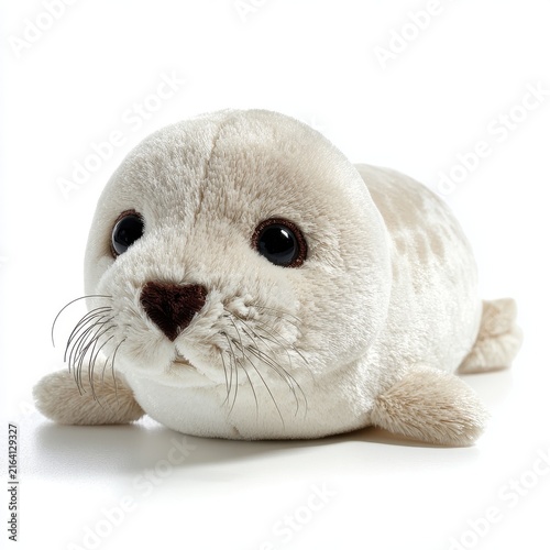Cute White Plush Harp Seal Pup Toy With Large Black Eyes Isolated On A Pure White Background