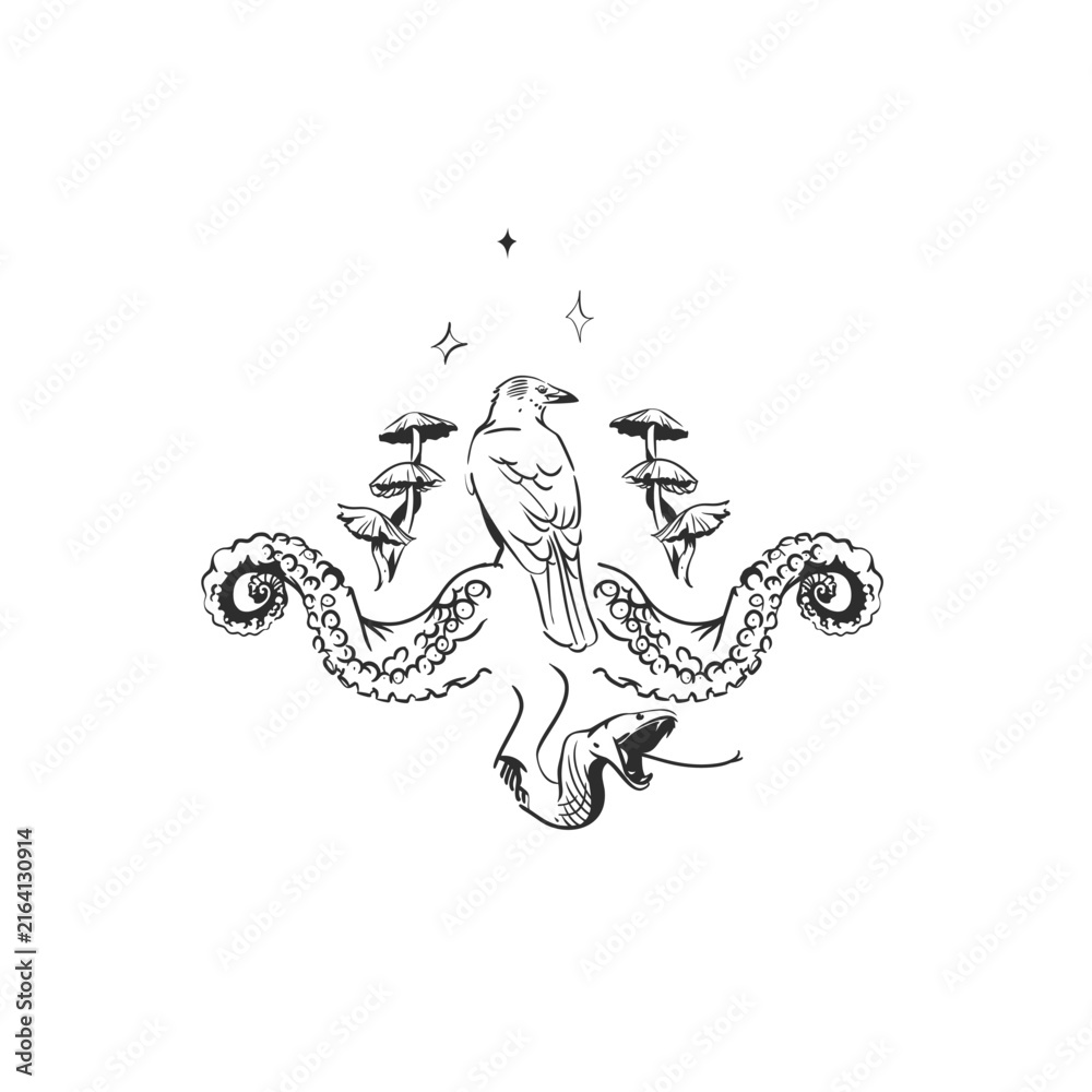 Naklejka premium Mystical Raven with Octopus Tentacles, Snake and Mushrooms, Gothic Witchy Dark Fantasy Hand Drawn Line Art Vector Illustration