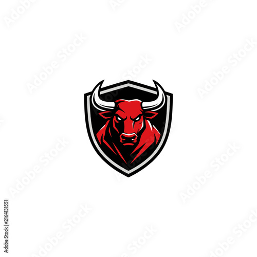 Photography Angry red bull head mascot inside a sharp silver shield design