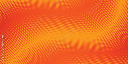 Abstract orange background with comic book style halftone dot pattern texture. Vibrant yellow wave layout for creative media presentation digital advertising background and banner.
