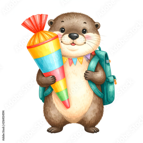 Otter holding school cone wearing backpack standing proudly creates cute joyful and cheerful cartoon illustration generative AI