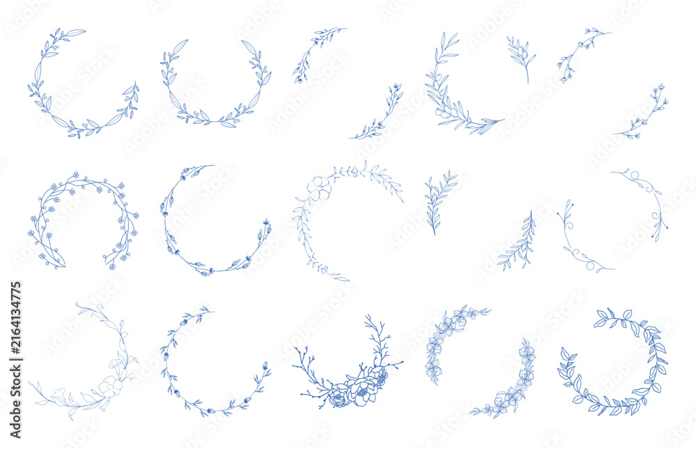 Fototapeta premium Collection of blue line art circular floral frames. Hand drawn open botanical wreaths for wedding monogram design.