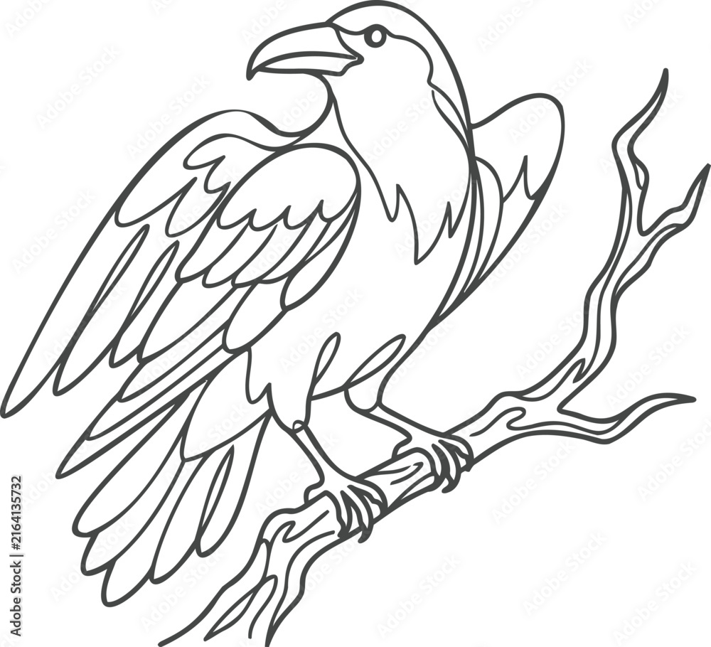 Obraz premium Black raven with detailed feathers perched on a bare tree branch, monochrome bird crow corvid