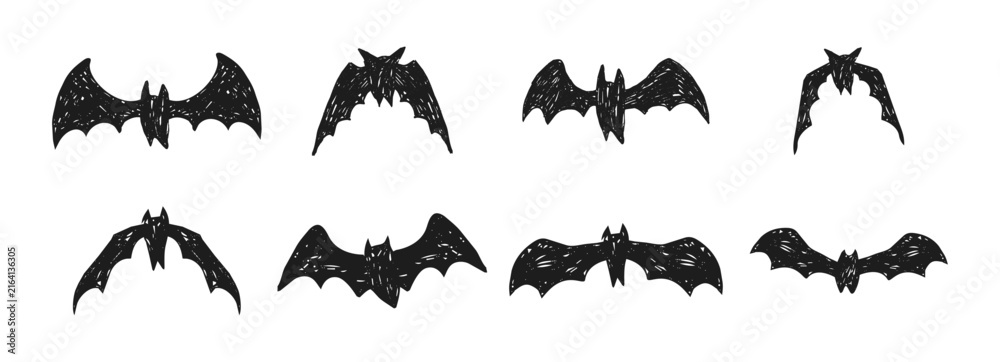 Fototapeta premium Flying bat, bat flock. Crayon doodle hand drawn set. Dark silhouette halloween decorations. Black gothic Halloween icons with wings spread, ideal for spooky party decor, vampire stickers, and scary s