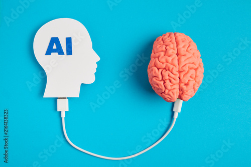 Canvastavla 3D printed AI head connected to brain by cable