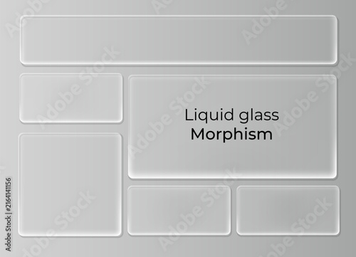 Sleek liquid glassmorphism layout collection with frosted transparent rectangles and glowing soft drop shadows for custom website dashboards and modern app presentation mockups.