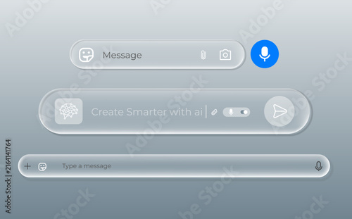 Glassmorphism chat input bars with glossy frosted texture and neon blue voice assistant button containing clear white UI UX icons for messaging apps and mobile web interface design.