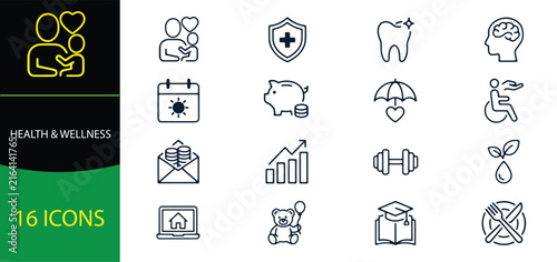 Health and Wellness Lifestyle Icon Set, Healthcare, Fitness, Finance, Education, Insurance and Healthy Living 