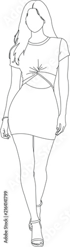 Woman Wearing Cut Out Mini Dress Line Art Fashion Illustration