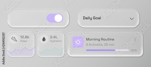 Neumorphic fitness dashboard widgets with frosted glass charts and violet activity progress bars for tracking daily wellness goals on modern health and lifestyle mobile applications.