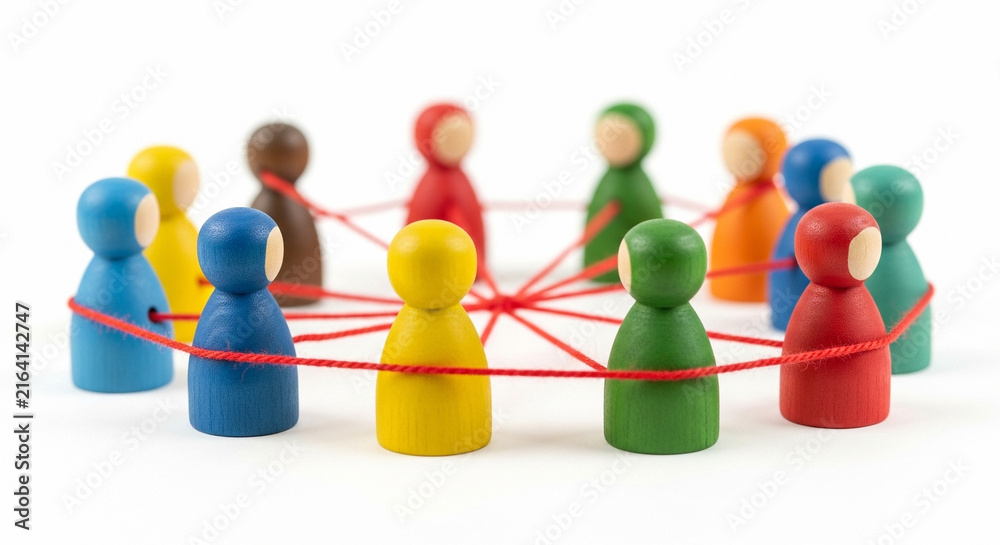 Obraz premium Colorful wooden figures connected by red strings in a circle