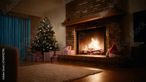 Cozy Christmas Living Room Scene With Fireplace and Decorated Tree