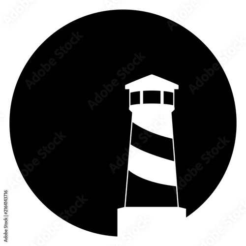 Logo Nautical. Icono con dibujo sencillo de una torre marítima en puerto. Silueta de faro de luz en círculo 