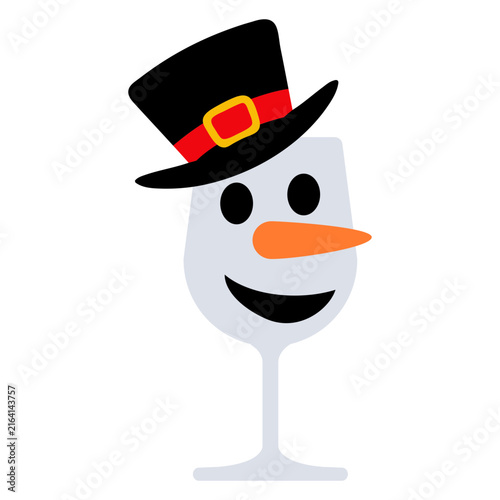 Tiempo de Navidad. Logo snowman. Icono con dibujo sencillo con la silueta de una copa de vino o champaña con el gorro y la cara de un muñeco de nieve sonriente con nariz de zanahoria