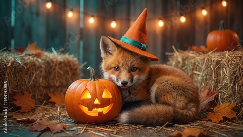Cute red fox in witch hat cuddling Halloween jack o lantern on rustic hay bales