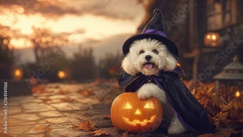 Happy small dog in witch costume hugging glowing halloween pumpkin at sunset outdoors