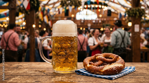 Mug of beer and pretzel on wooden table at Oktoberfest festival tent