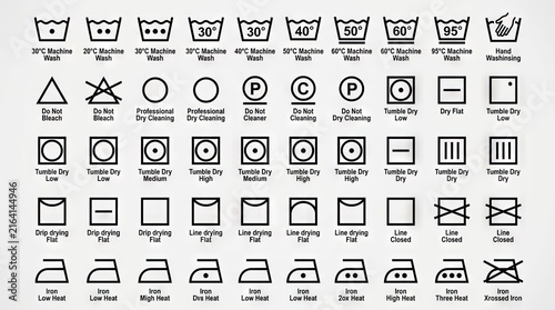 Universal laundry care and textile washing instruction symbols.