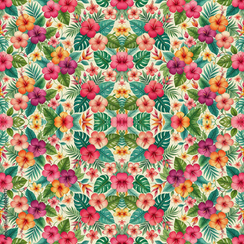 Tropical Hibiscus and Botanical Leaves Seamless Pattern