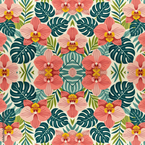 Tropical Hibiscus and Botanical Leaves Seamless Pattern
