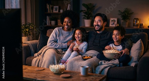 Happy Diverse Family with Children Watching TV and Eating Popcorn on Couch at Night