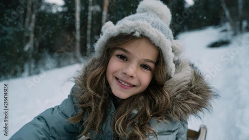 Young Girl Smiling Outdoors in Winter Snow, Cozy Warm Hat