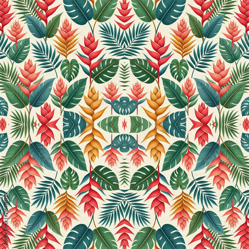 Tropical Hibiscus and Botanical Leaves Seamless Pattern