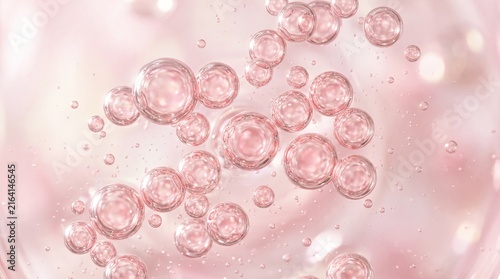 Pink hydrating serum micro bubbles floating in soft liquid gel demonstrating collagen beauty treatment nourishment and moisture essence for cosmetic product advertising background concept