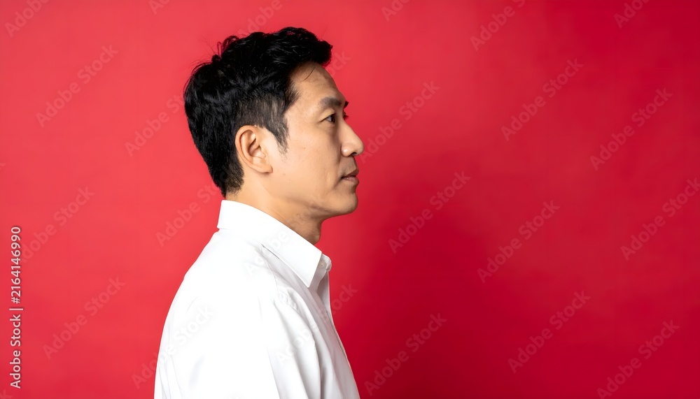 Obraz premium Side Profile of a Serious Asian Man in White Shirt Against Red Background