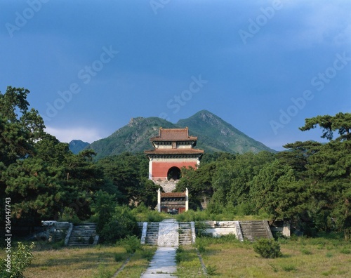 Картината върху платно Ancient Ming Dynasty mausoleum, Chinese imperial tomb surrounded by green mounta