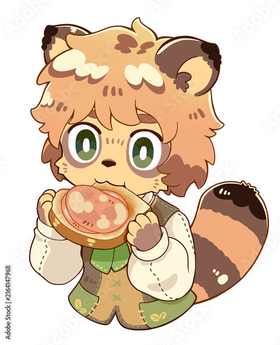 Foto A cute little boy raccoon enjoying bread deliciously.