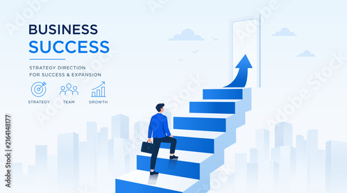 Business success concept with businessman walking up stairs toward the door of success, vector illustration. Career growth, business achievement, opportunity, leadership, and corporate development