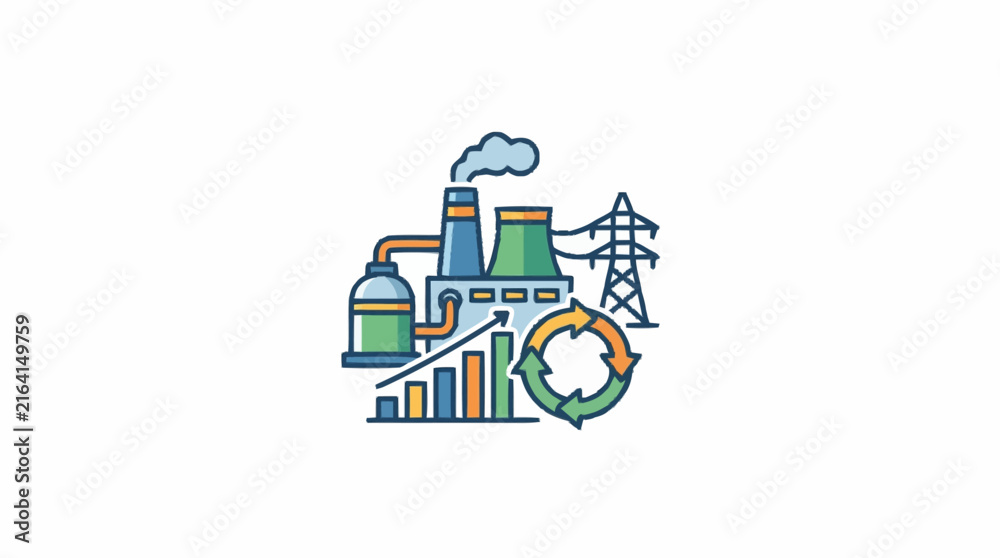 Fototapeta premium Industrial factory complex with smoke stacks and green energy recycling symbols.