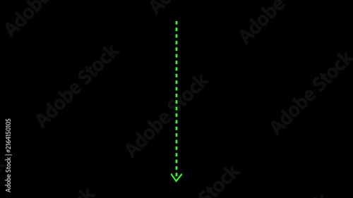 Minimalist Green dashed line arrow animation pointing Down on a clean black background.