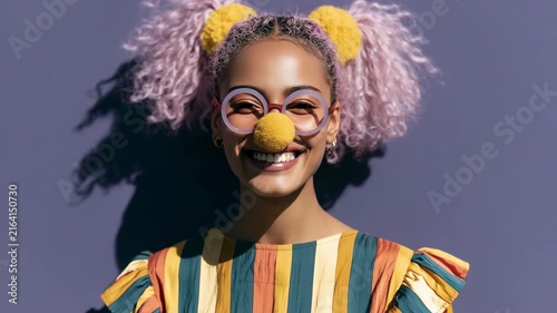 Sunlit smiling woman with yellow pompom pigtails and round glasses casting shadow on purple wall for outdoor portrait banner and fashion design